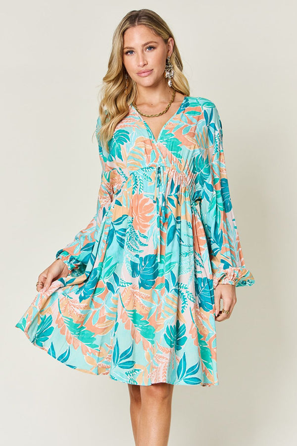 Double Take Full Size Printed V-Neck Drawstring Dress