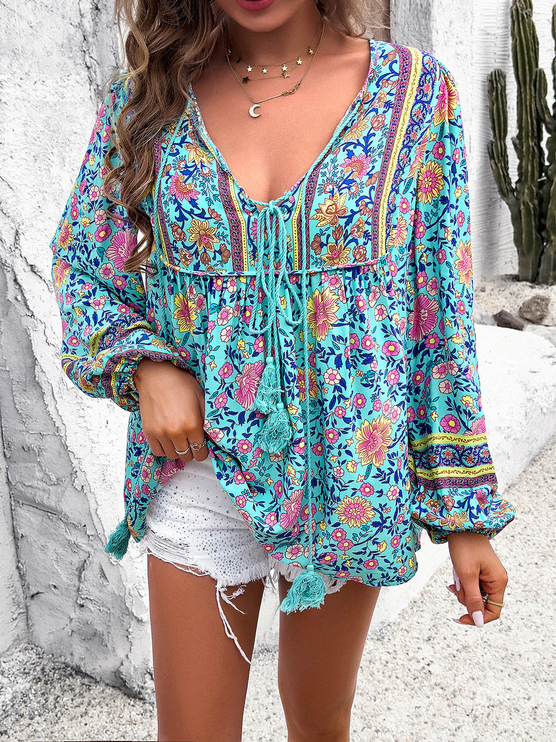 Printed Tie Neck Long Sleeve Blouse – Choozigo