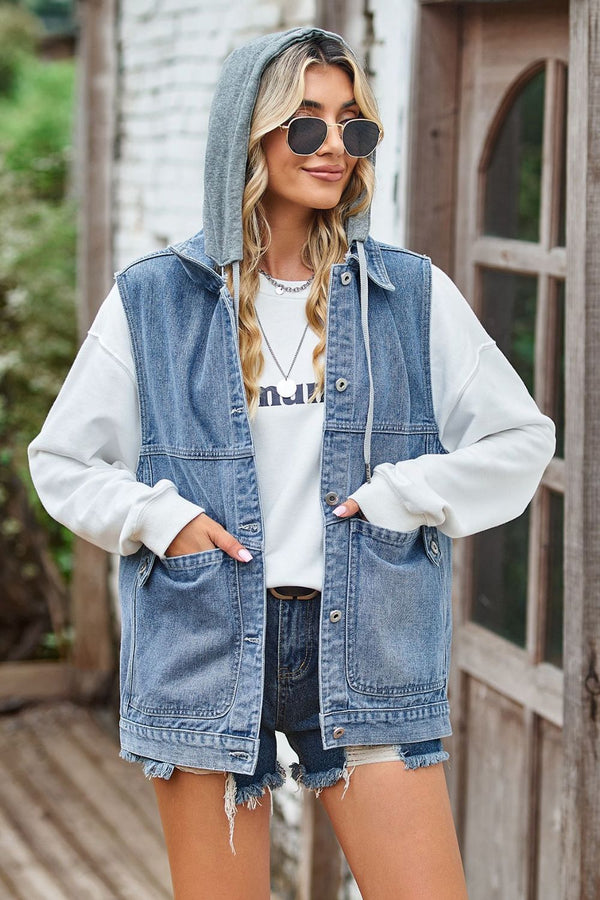 Sleeveless Denim Top with A Detachable Hood