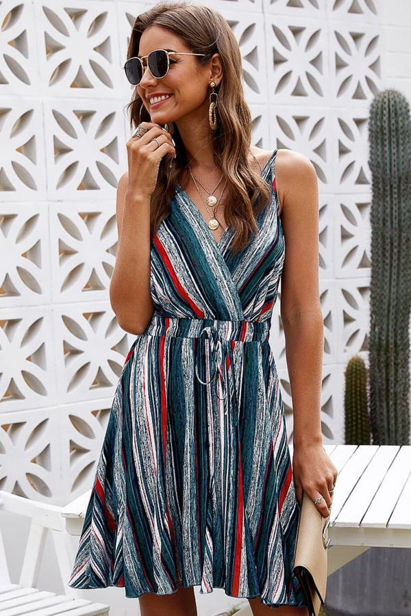 Striped Surplice Neck Spaghetti Strap Dress