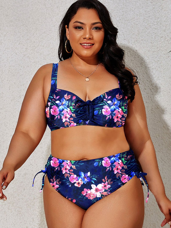 Plus Size Printed Drawstring Detail Bikini Set