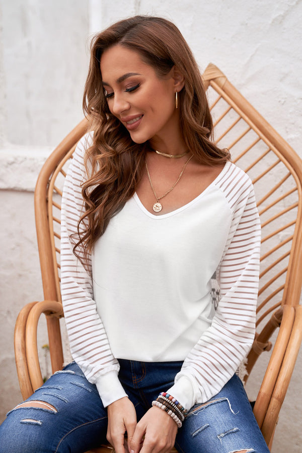 Sheer Striped V-Neck Top