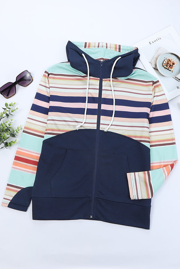 Striped Color Block Zip Up Jacket